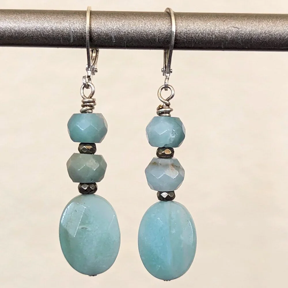 Southwestern Sterling Silver Light Blue Amazonite & Pyrite Drop Earrings